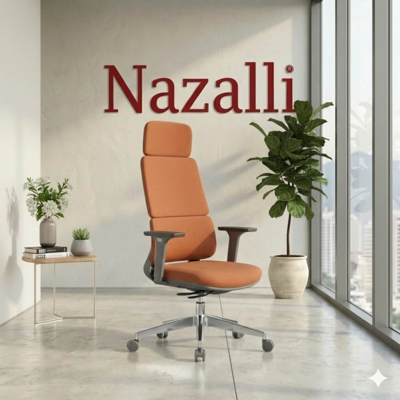 Yüksek sırtlı, başlık destekli, turuncu kumaş döşemeli ergonomik Boss ofis sandalyesi.