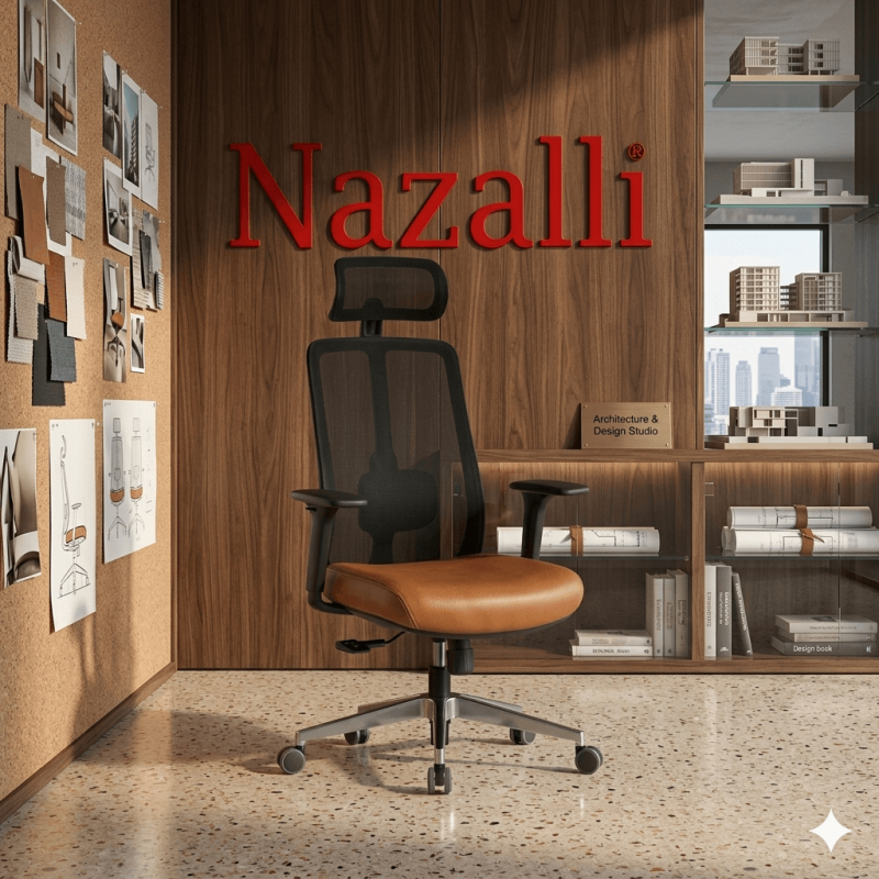Nazalli Enzo ENZ-01 Ergonomik Ofis Koltuğu - Taba Deri Oturum & Siyah File Sırt